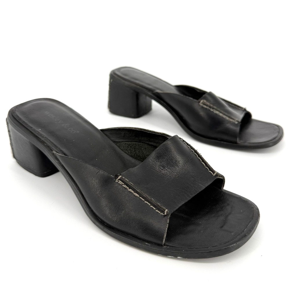 Wesley and Co Leather Sandals Size 6 Square Toe Block Heel Minimal Y2K Brazil